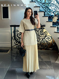 GETADME Elegant O Neck Short Sleeve Maxi Dress Women Fashion Solid Pleated Gauze Patchwork Dresses 2025 New Lady Office Commute Vestidos