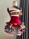 Getadme  Preppy Style Vintage Red Denim Bustier Tops + Sweet Spicy Pure Design Mini Cake Skirt Women 2 Piece Sets Summer 2025 Korea Style