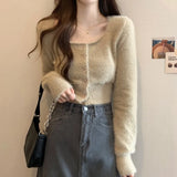 GETADME Fuzzy Knit Crop Top Cardigan for Women Teen Girl Long Sleeve Button Up Fitted Sweater Soft Plush Knitwear Fall Winter Y2K Outfit