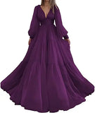 GETADME Bridalaffair 플리츠 튤 프린세스 프롬 드레스 V넥 롱 퍼프 슬리브 플러스 사이즈 이브닝 드레스 우아한 드레스 여성 웨딩 파티용