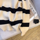 GETADME Lucyever Women's Turndown Collar Striped Sweater Vintage Loose Long Sleeve Knitwear Female Autumn Winter Warm Knitted Jumper Top