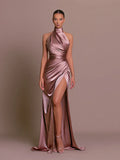 Getadme Elegant Luxury Party Evening Dress Sexy Women Sleeveless Long Halter Dress Fall Backless High Split Bodycon Maxi Dresses Black