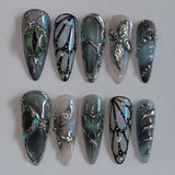 GETADME 24Pcs 3D Strawberry Rabbit Flower Fake Nails Press on Mid-length Almond Wearable False Nails Green Gradient Pearl Manicure Tips
