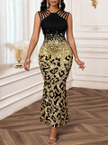 GETADME Elegant Leopard Print Sequin Fishtail Dress for Women, Black & Gold, Sleeveless, Party Evening Wear