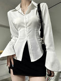 Getadme Sexy Bandage Shirts Women Flare Sleeve Lapel Slim Female T-Shirt 2024 Spring Summer High Street Fashion Single-breasted Lady Top