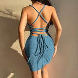 Getadme-Women's short knitted hanging neck halter dress 2024 Women's sexy temperament tight solid color package hip dress female