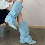 GETADME Comemore Women Pleats Blue Denim Mid-calf Boots Autumn Thick Heeled Pointed Toe Cowboy Botas Woman Slip on Western Long Boots