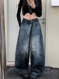 GETADME 2025 Grunge Y2K Streetwear Washed Blue Baggy Pleated Jeans Pants For Women Clothing Distressed Wide Leg Loose Old Lady Trousers