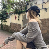 GETADME Fashion Vintage V-neck Knitted Tops Women 2025 Early Autumn New Sweaters Pullover Slim Long Sleeve Pullovers Sexy Gray Sweaters
