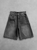 GETADME HOUZHOU Washed Ripped Short Jeans Women and Man Hole Embroidery Wide Leg American Retro Jorts Baggy Casual Streetwear Summer
