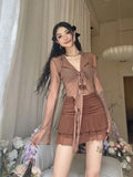 Blouses à manches longues évasées pour femmes, lacées, en maille, sexy et tendance, style coréen, couleur unie, élégantes et décontractées.