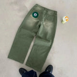 GETADME Y2K Retro Matcha Denim Jeans Washed Billiard Embroidered Denim Pants London Fashion New York Style Streetwear Unisex Baggy Jeans