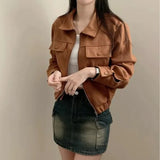 GETADME 레트로 라펠 모터사이클 재킷 여성용 스웨이드 롱 스웨이드 루즈핏 슬릿 지퍼 디자인 가을 아우터웨어 Faionable