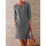 GETADME Women Casual Soild Long Sleeve Cotton And Linen Tunic Dress Vintage Straight Dress Long Sleeve Oversized Mini Knee-Length Dress