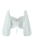 Sexy Women Lace Spliced White Crop Blouse Vintage Lantern Sleeve Back  Bandage  Backless Ladies Summer Tops