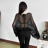GETADME SylCue Mesh See Through T-Shirts Woman Lace-Up Metal Decoration Low-Neck Batwing Sleeve Hot Girls Street Fashion Wild Style Tops