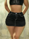 GETADME Y2K Street Slant Pocket Contrast Seam Top-stitching Bodycon Denim Mini Skirt