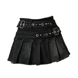 GETADME Women's Blue Black Riveted Belt Denim Skirt Y2K Harajuku High Street Fashion 90s Sexy A-line Mini Skirt Summer Clothing 2025 New