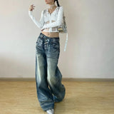 Getadme-American Street Hot Girl Washed Wide Leg Pants Y2K Retro Silvered Old Fashion Street Loose Casual High Waist Straight Jeans