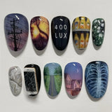 GETADME 24pcs Gradient Black False Nails Cute Cartoon Cat's Eye Forest Elf Girl Press On Nails Glossy Almond Sweet Cool Fake Nail Tips