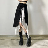 GETADME Y2k Mid-Long Skirts lrregularSpliced Streetwear Vintage Design Black WhiteContrasting High Waisted Asymmetrical MeshLong Skirts