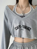 Getadme-Korean Streetwear Crop Top Women Halter Vest and V Collar Pullover Kpop Two Piece Set Harajuku Design Sporty Top Female