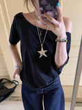 GETADME T-shirts Women Niche Design Off Shoulder Solid Short Sleeve Summer Chic Loose Casual Daily Simple Sexy Korean Trendy Street Tops