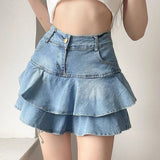 GETADME Vintage Denim Skirt Shorts Women Summer Korean Fashion High Waist A-line Wash Blue Slim Cute Sexy Mini Jeans Ruffle Skirt Female