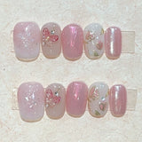 GETADME 10Pcs Pink Handmade Press On Nails Full Cover Bear Heart Design Short Round Rhinestone False Nails Wearable Manicure Nail Tips