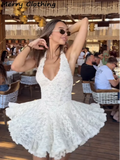 GETADME V Neck Halter Lace Mini Skirt Women Fashion Waist Cinched A Line Dress Backless Sleeveless Short Vestidos Summer Lady Dresses
