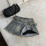 GETADME Women's Blue Black Riveted Belt Denim Skirt Y2K Harajuku High Street Fashion 90s Sexy A-line Mini Skirt Summer Clothing 2025 New