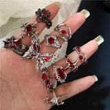 GETADME Goth Punk Retro Red Crystal Love Heart Cross Geometry Irregular Open Ring Set Y2K Halloween Accessories For Women Kpop Jewelry