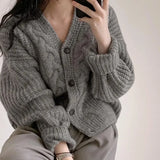 GETADME Fashion Winter Warm Long Sleeve Knitted Cardigan Women V-nek Loose Sweater Autumn Elegant Solid Color Casual Knitted Top