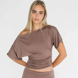 GETADME Absobe Off Shoulder Ruched Crop Top Women Basics Solid Color Skew Collar Short Sleeve T-shirts Summer Casual Streetwear Tees