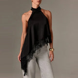 GETADME Women Y2k Mock Neck Halter Top Satin Lace Asymmetrical Hem Tank Tops Sleeveless Elegant Going Out Crop Tops