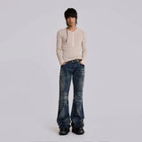 GETADME Y2K Vintage Flared Jeans Mid Blue Washed Men Women Bootcut Jeans American Hip Hop Distressed Streetwear Unisex Wide Leg Pants