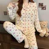GETADME Young Girl Cherry Cartoon Pyjamas for Women Spring New Arrival Collar Cardigan Casual Comfortable Loose-Fit Homewear Set