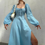 GETADME 레이스업 스퀘어 칼라 섹시 드레스 여성 가을 ​​랜턴 슬리브 솔리드 코튼 슬릿 로브 여성 패션 스트리트웨어 여성 미디 드레스