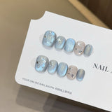 GETADME 10Pcs Handmade Gothic Short Press on Nails Rhinestone Round Manicure Decoration Wearable Full Cover with Design Acrylic Nail Tip