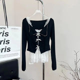 GETADME 가을 여성 한국식 코켓 갸루 디자인 Y2K 투피스 세트 티셔츠 긴팔 티셔츠 발레 코어 크롭 탑 2000년대 미학 K팝