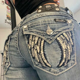 GETADME American Vintage Y2K Rhinestone Wing Embroidered Jeans Womens Blue Low Rise Flared Denim Pants with Studded Pockets Streetwear