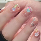 GETADME 24Pcs Pink Cat Blue Love Cute Short Ballet Press on False Nails Sweet French Cat Eye Bow Star Designs Style Detachable Nails Set