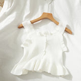 Getadme-Y2K Sexy OFF White Ruffles Sleeveless Tops Buttons Cute Women Cropped T-shirt New Streetwear Stripe Summer