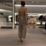 GETADME 2026 Vintage Embroidery Lantern Pants Set Women Chic Sequin Splice Mesh Spaghetti Strap Backless Sling Suit Lady Daily Date Wear