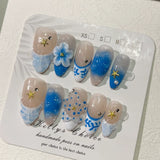 GETADME 10pcs French Almond Press on Nails Flower False Nails Wearable Stick-on Nails Fake Nail Uñas Postizas Mujer Накладные Ногти 네일팁