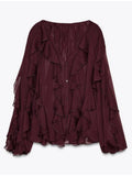 GETADME Elegant Ruffles Flared Sleeve Oversized Shirt For Women Chic V-neck Solid Cropped Blouse 2025 Office Lady Commute Streetwear New