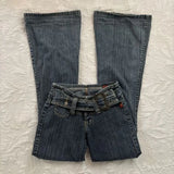 GETADME Y2K Vintage Low Rise Flare Jeans Women Harajuku Fashion Pockets Buckle Belt Blue Denim Pants Gothic Hot Girl Slim Fit Trousers