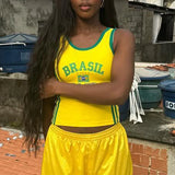 GETADME 2025 Retro Street Aesthetic Baby T-shirt Women Green Brazil Letters Print Crop Tops Casual Slim Short Sleeve Y2k Clothes E-girls