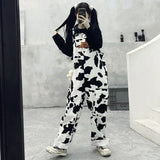 GETADME Street Hip-hop Harajuku Girl Cow Print Oneies for Women Black White Plaid Overalls Casual Jumpsuit Trousers Baggy Pants