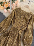Getadme Summer Elegant Fashion Retro Court Style Dress Women's Dress New Style Temperament V-neck Lace Up Waist Dress Robe Argent